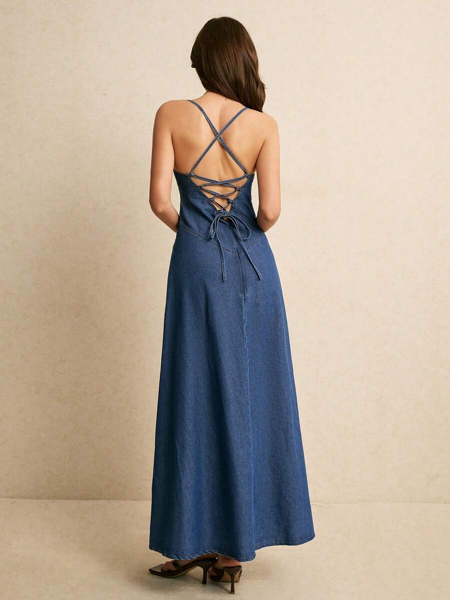 Composite front and back view of medium-wash square-neck denim maxi dress with lace-up open back