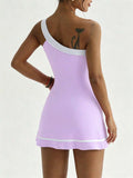 one shoulder tennis sports mini dress with built-in shorts, side pocket, contrast trim, backless cut and flared skirt image 17