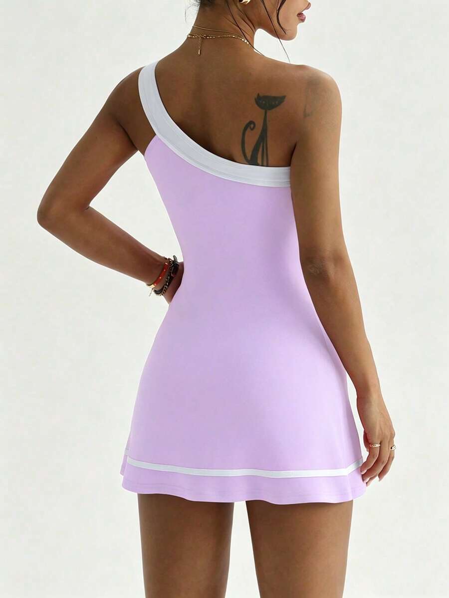 one shoulder tennis sports mini dress with built-in shorts, side pocket, contrast trim, backless cut and flared skirt image 17