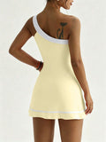 one shoulder tennis sports mini dress with built-in shorts, side pocket, contrast trim, backless cut and flared skirt image 23