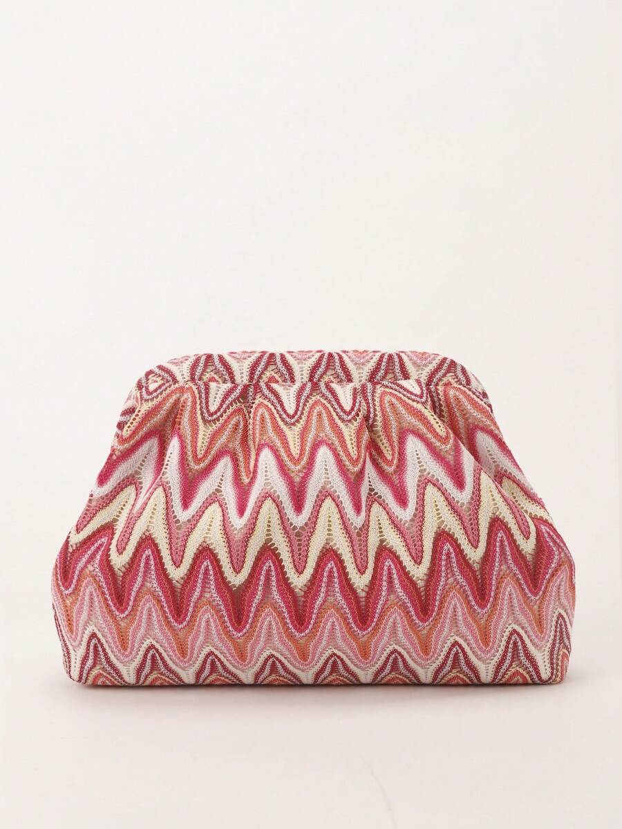 Front product view red pink cream zigzag pleated clutch with rounded rectangular body