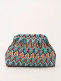 Front product view blue turquoise brown printed pleated clutch with rounded pouch body