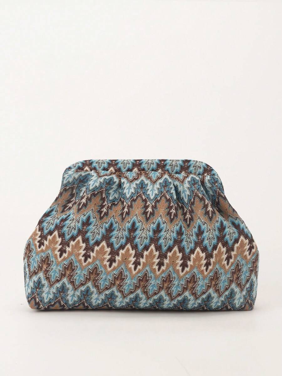 Front product view blue turquoise brown printed pleated clutch with rounded pouch body