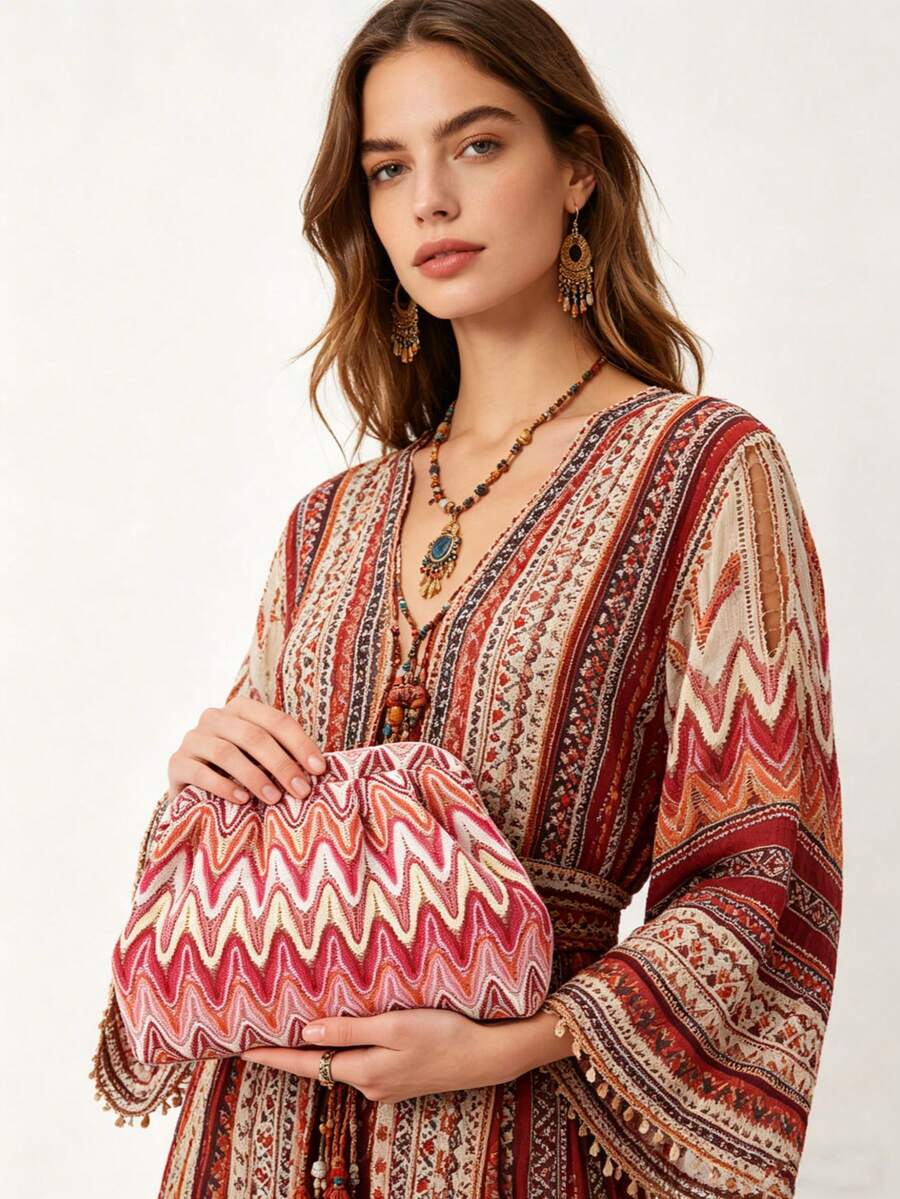 Model holding red pink cream zigzag printed bohemian clutch with pleated pouch shape