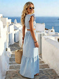 Back view of blue striped two piece set with crop top and high waist pants