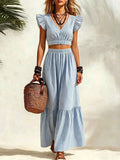 Front close view of blue striped ruffle sleeve top and wide leg pants set