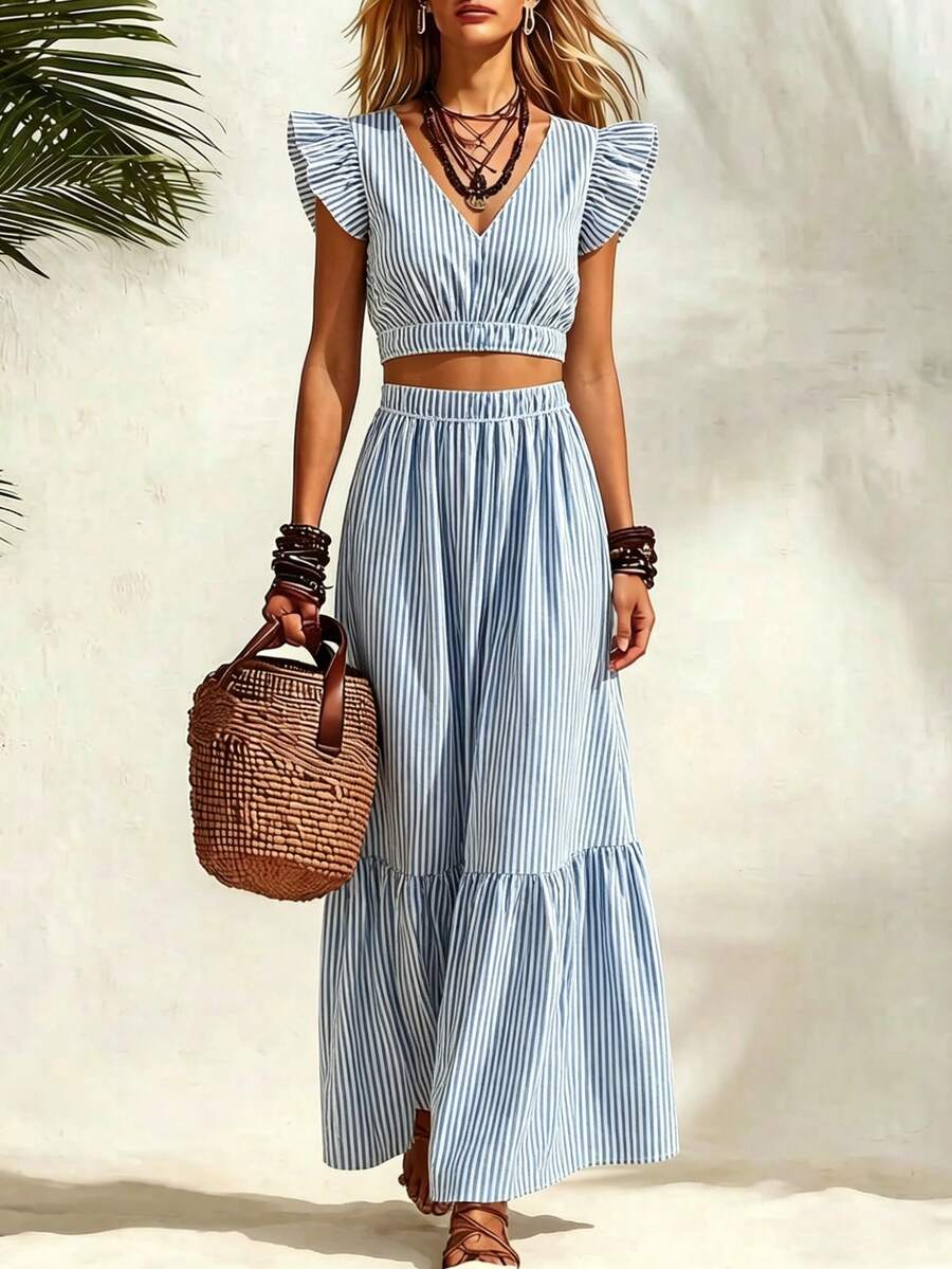 Front close view of blue striped ruffle sleeve top and wide leg pants set