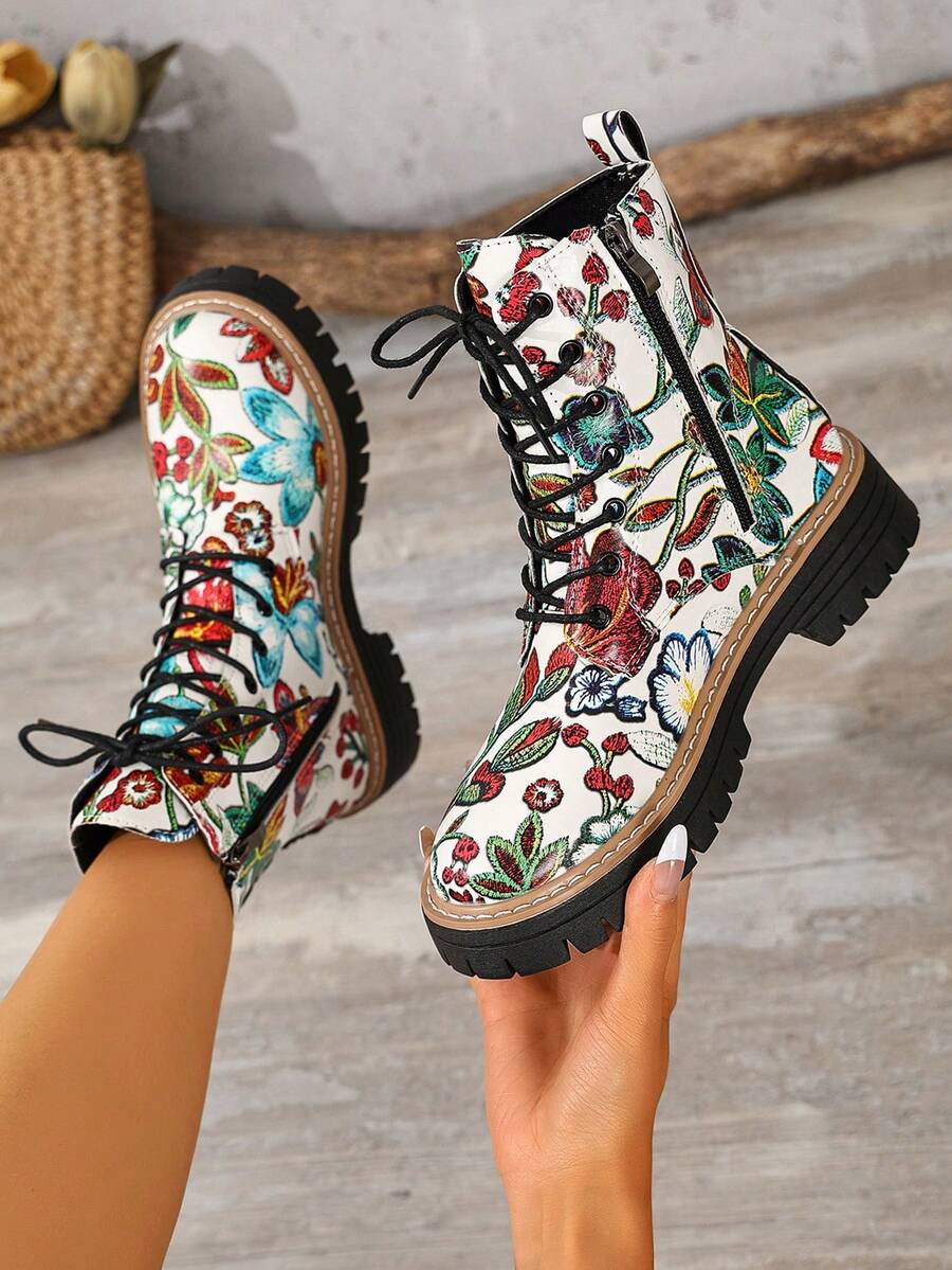 Front view of Retro Flower Print Chunky Ankle Boots for Women – Stylish Fabric Combat Boots with Thick Sole for Streetwear Fashion for punk motorcycle boot styling