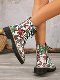 Heel view of Retro Flower Print Chunky Ankle Boots for Women – Stylish Fabric Combat Boots with Thick Sole for Streetwear Fashion for punk motorcycle boot styling