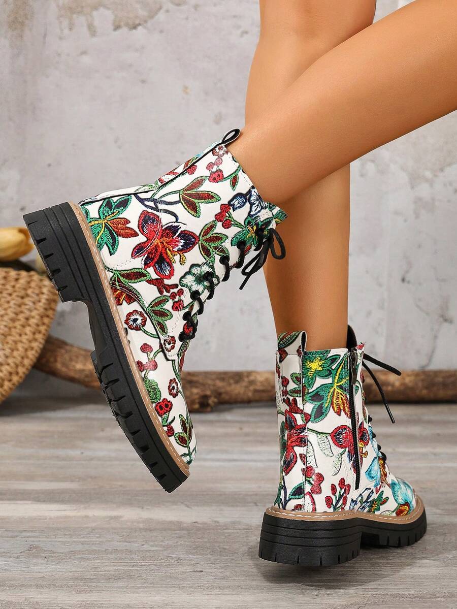 Heel view of Retro Flower Print Chunky Ankle Boots for Women – Stylish Fabric Combat Boots with Thick Sole for Streetwear Fashion for punk motorcycle boot styling