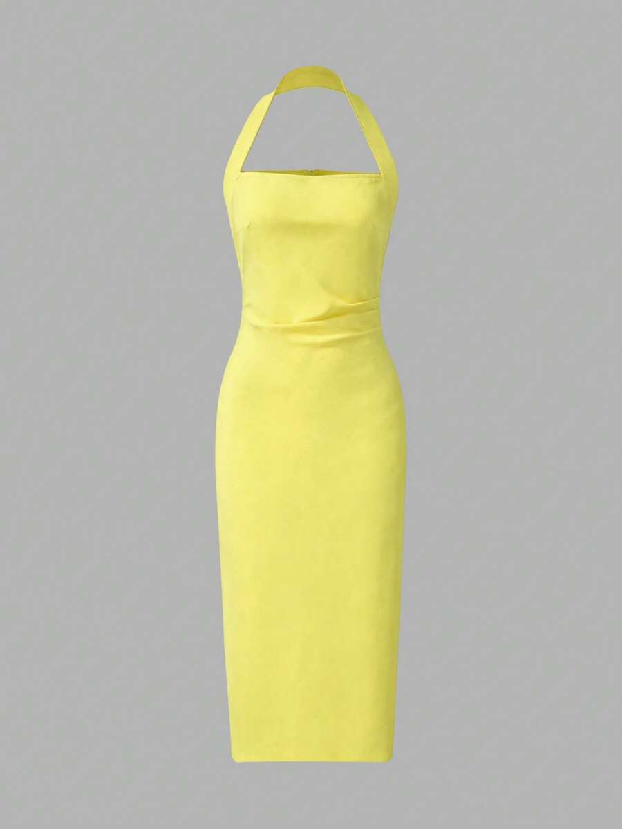 Back view bright yellow halter midi dress