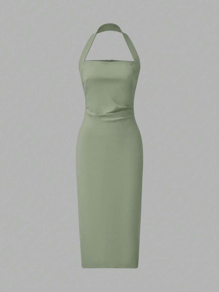 Back view sage green halter midi dress