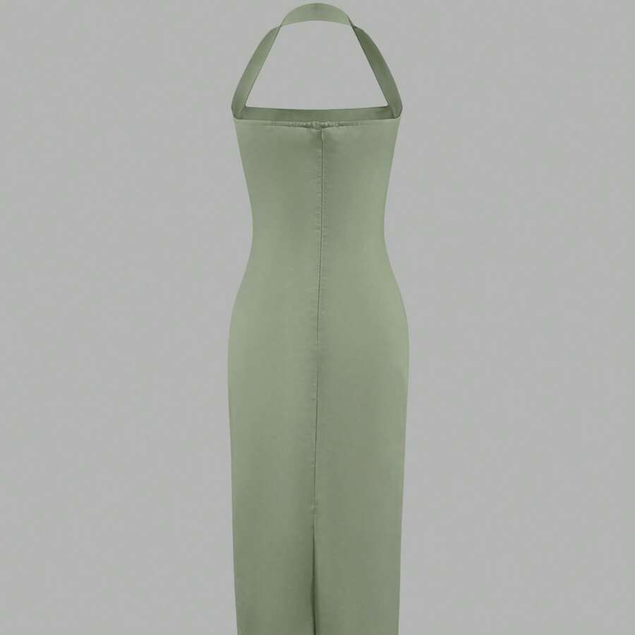 Sage green solid fitted midi dress detail