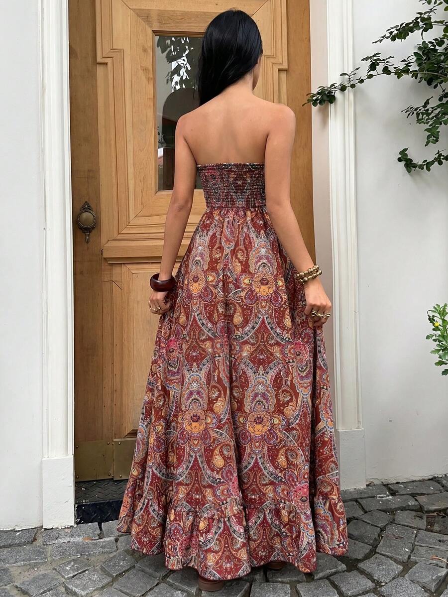 Back view rust red mustard paisley maxi dress with smocked back and ruffle hem