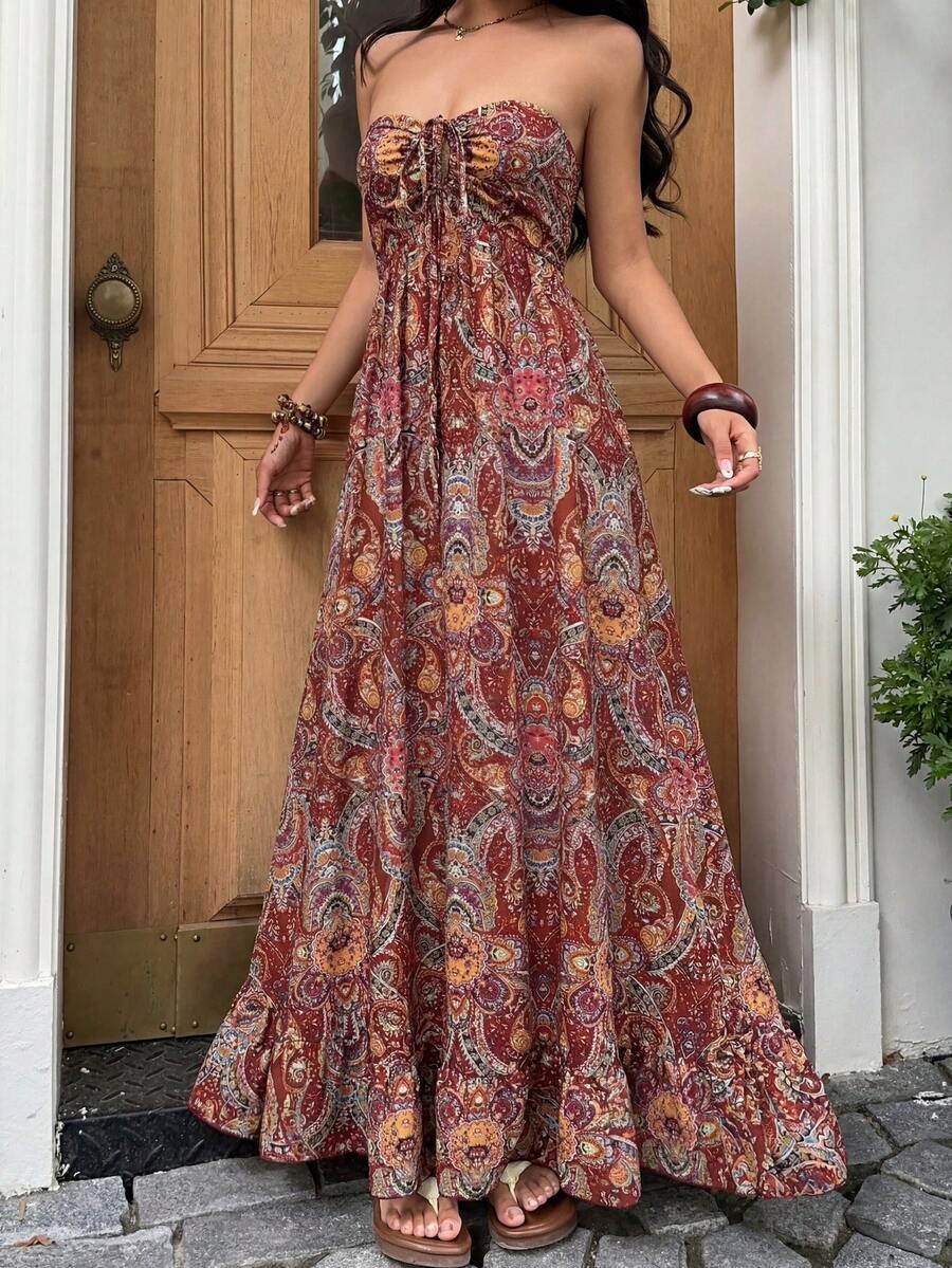 Rust red boho halter maxi dress with paisley print and ruched tie bust