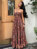Rust red paisley boho halter maxi dress full length with ruffle hem