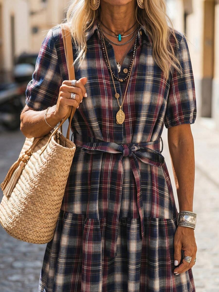Detail view of ruffle hem on casual plaid dress for women
