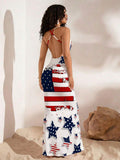 Back view of patriotic backless maxi dress with crisscross straps and stars stripes print