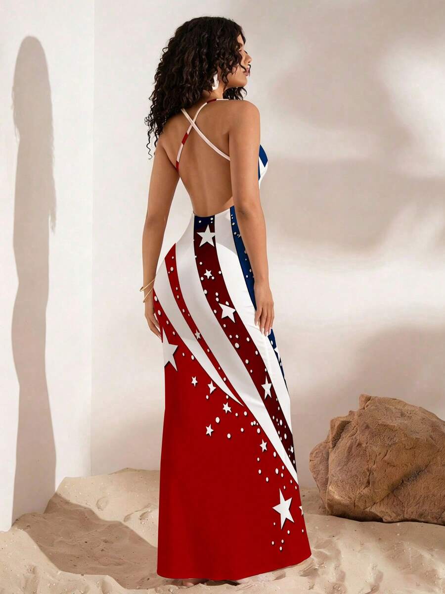 Front view of patriotic flag print strappy bodycon maxi dress with square neckline