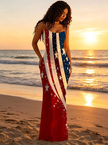 Front view of patriotic flag print strappy bodycon maxi dress with square neckline
