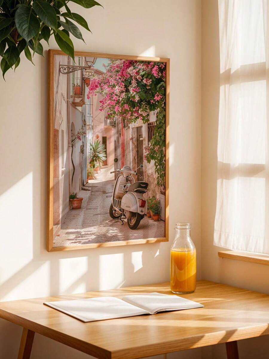Framed Mediterranean canvas wall art with white vintage scooter, pink bougainvillea, and pastel Italian lane