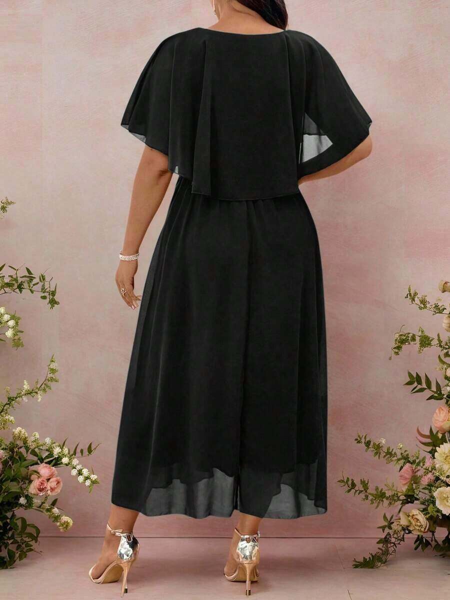 Neckline detail of Elegant Plus Size Purple Chiffon Midi Dress for Summer Weddings and Formal Events