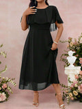 Full length view of Elegant Plus Size Purple Chiffon Midi Dress for Summer Weddings and Formal Events