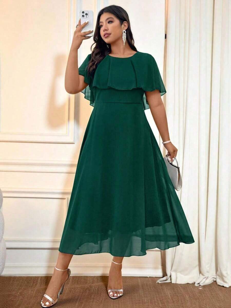 Front view of Elegant Plus Size Purple Chiffon Midi Dress for Summer Weddings and Formal Events