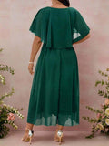 Side profile of Elegant Plus Size Purple Chiffon Midi Dress for Summer Weddings and Formal Events