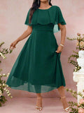 Back view of Elegant Plus Size Purple Chiffon Midi Dress for Summer Weddings and Formal Events