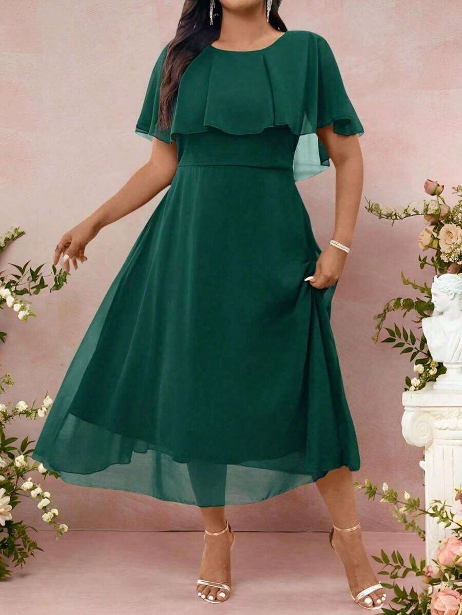 Back view of Elegant Plus Size Purple Chiffon Midi Dress for Summer Weddings and Formal Events