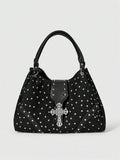 Full view of black patterned hobo shoulder bag with double handles