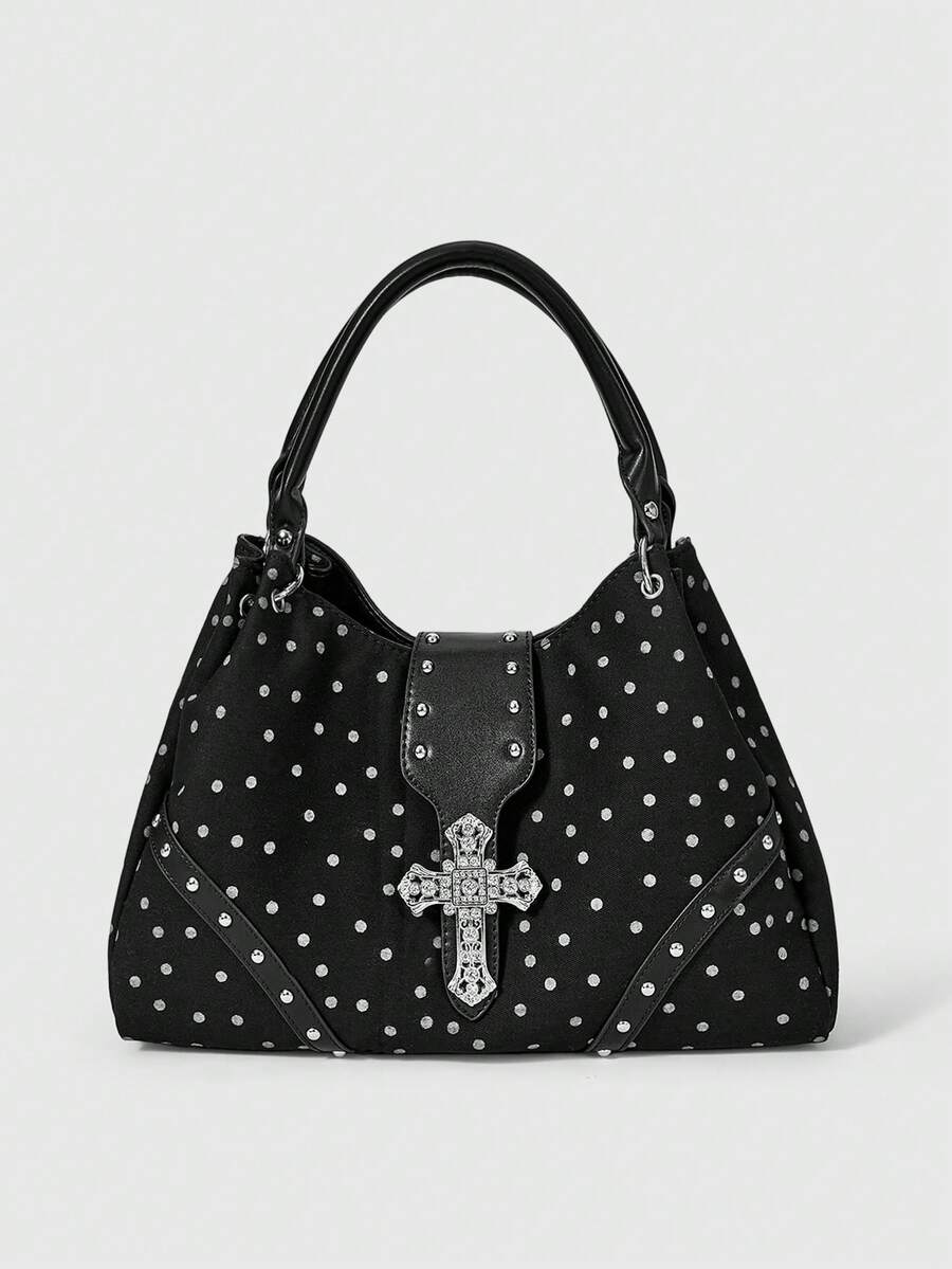 Full view of black patterned hobo shoulder bag with double handles