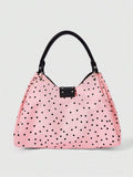 Angled view of black patterned punk shoulder bag with double handles