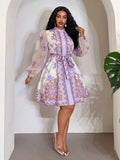 Side profile of Elegant Floral Plus Size Mini Shirt Dress for Beach Vacations and Special Occasions Mauve Purple mini shirt dress style