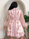 Back view of Elegant Floral Plus Size Mini Shirt Dress for Beach Vacations and Special Occasions Pink flared hem fit