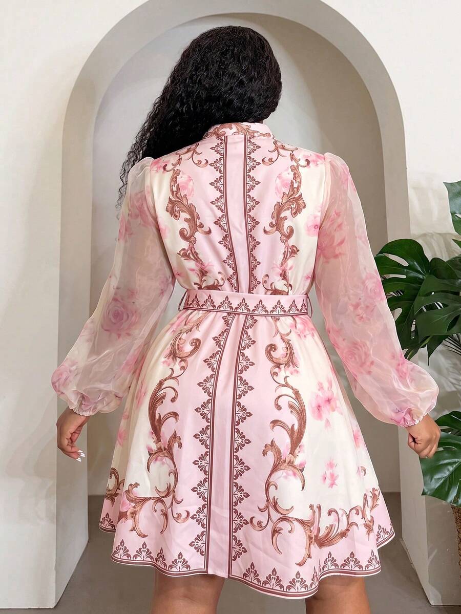 Back view of Elegant Floral Plus Size Mini Shirt Dress for Beach Vacations and Special Occasions Pink flared hem fit