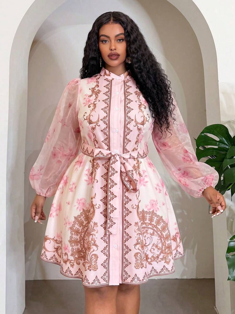 Front view of Elegant Floral Plus Size Mini Shirt Dress for Beach Vacations and Special Occasions in Mauve Purple color