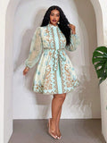 Side profile of Elegant Floral Plus Size Mini Shirt Dress for Beach Vacations and Special Occasions Green mini shirt dress style