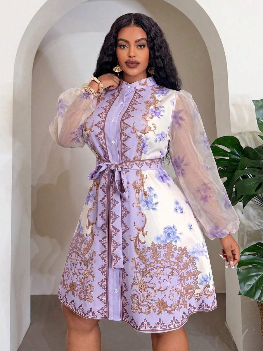 Front view of Elegant Floral Plus Size Mini Shirt Dress for Beach Vacations and Special Occasions in Green color