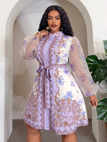 Front view of Elegant Floral Plus Size Mini Shirt Dress for Beach Vacations and Special Occasions in Green color
