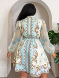 Back view of Elegant Floral Plus Size Mini Shirt Dress for Beach Vacations and Special Occasions Green flared hem fit