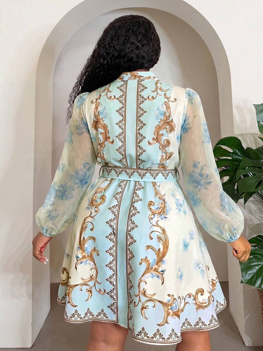 Back view of Elegant Floral Plus Size Mini Shirt Dress for Beach Vacations and Special Occasions Green flared hem fit