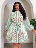 Front view of Elegant Floral Plus Size Mini Shirt Dress for Beach Vacations and Special Occasions in Multicolor color