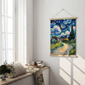 Living nook view of starry night canvas poster with wooden hanger and cord