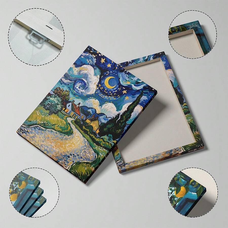 Detail view of Van Gogh style starry night canvas art with hanger and wrapped edge