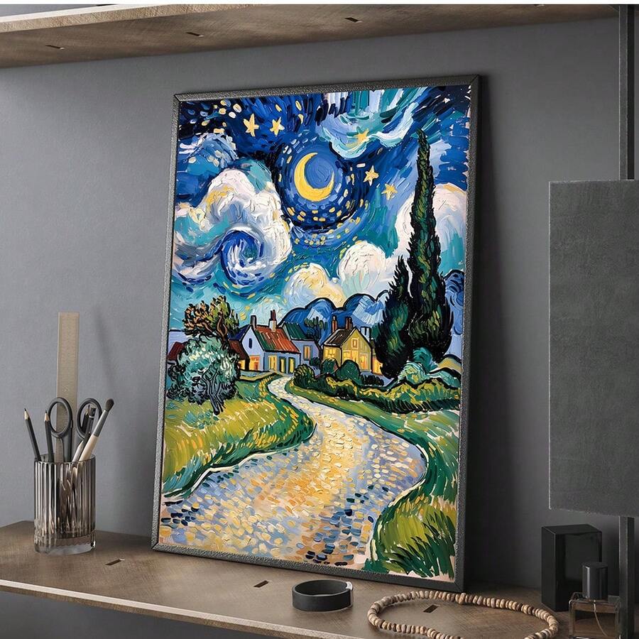 Angled shelf view of framed starry night canvas art leaning with decor objects