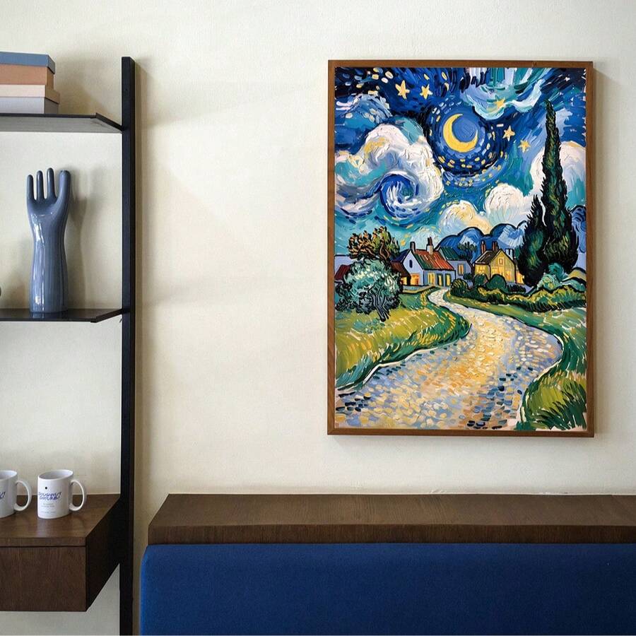 Modern room view of framed Van Gogh style blue village landscape print above bench