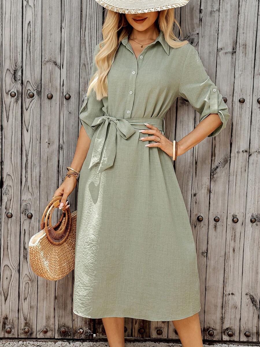 Side view of loose fit shirt collar midi dress for women