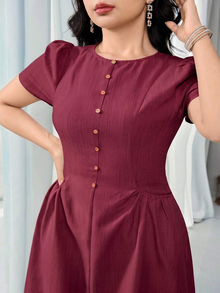 Back view of Elegant Plus Size Women's Waist-Cinching Dress for Summer Dates and Special Occasions